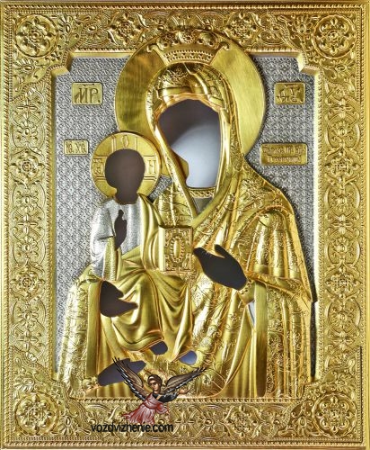 Икона Божией Матери "Троеручица". Риза для иконы из серебра и меди.